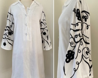 1970s Cotton Gauze Linen Shirt Dress with Embroidered Bell Sleeves