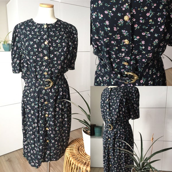 1990s Vintage SL PETITES Ditzy Floral Shirtdress / Belted with Gold Buttons / 90s Grunge Dress
