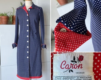 1970s CARON Button Up Shirt Dress  Red White and Blue Dress with Polka Dots  Long Sleeves