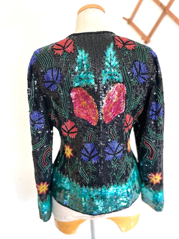 Vintage Scala Beaded Sequin Jacket: Black Silk Fl… - image 7