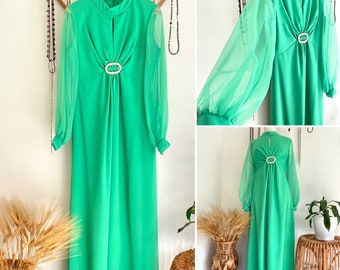 1970s Vintage Lime Green Maxidress  Dramatic Dress with Sheer Chiffon Sleeves and Full Skirt  Rhinestone Buckle Detail