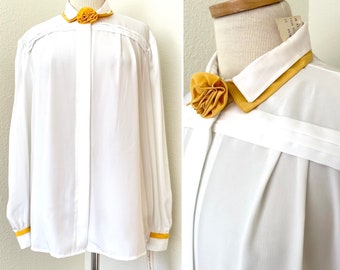 1980s Vintage White and Yellow Long Sleeve Blouse with Yellow Rosette Detail Size 16 NOS Unworn Deadstock with Tags