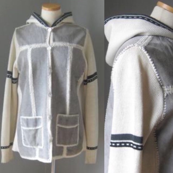 1970s Vintage Hooded Knit and Suede Cardigan Jumpe