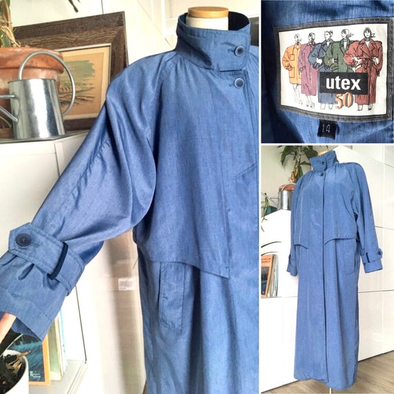 1980s Vintage UTEX Blue Trench Coat / Raincoat / … - image 1