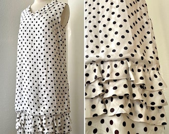 1960s Vintage Sleeveless Shift Dress With Polka Dots and Tiered Ruffle Detail Large XL