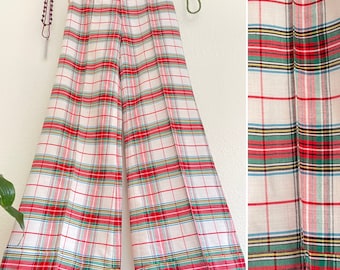 1970s White Plaid Wide Leg Bellbottom Slacks / Trousers