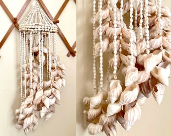 Vintage Mid Century Macrame Shell Wind Chime  Boho Home Decor