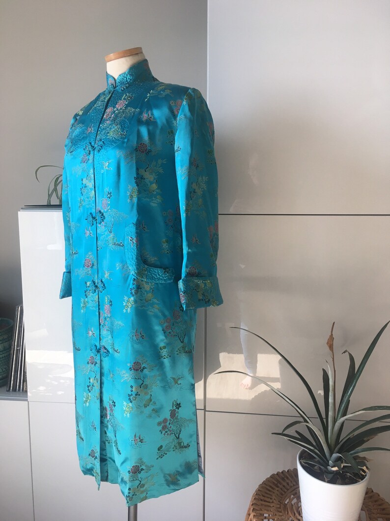 1960s Vintage Chinese Brocade Satin Coat Teal Mandarin Frog Closure NWOT Long Coat Mid Century Duster Cherry Blossoms