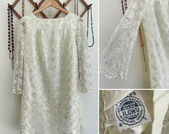 1960s Vintage Silver Lace Mini Shift Dress Mini Wedding Dress