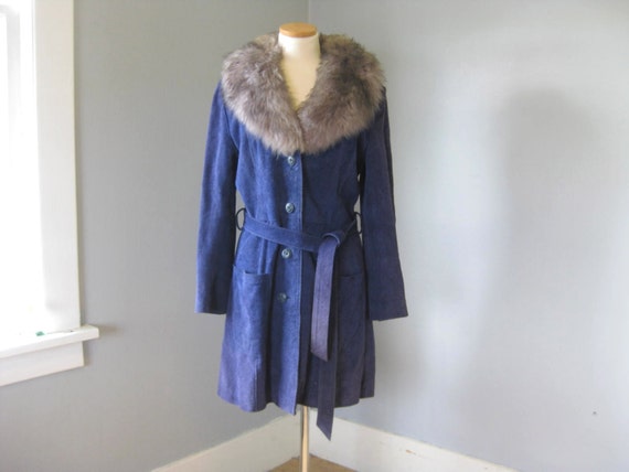 1970s Vintage Royal Blue Suede and Grey Shearling… - image 3