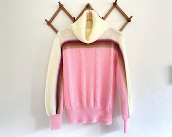 Vintage Pink and Cream Colorblock Striped Pullover  Sweater with Bishop Sleeves Vintage 1970s Kmart