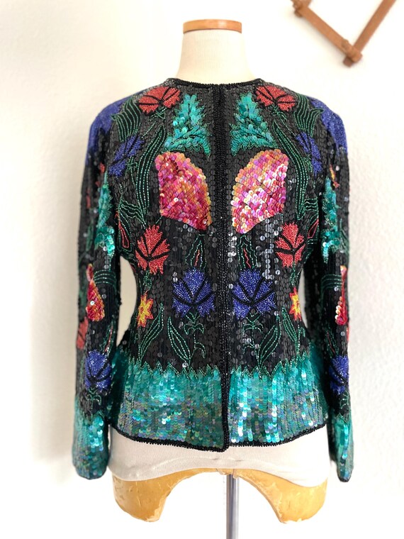 Vintage Scala Beaded Sequin Jacket: Black Silk Fl… - image 8