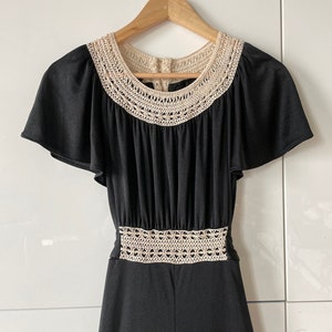 1970s Vintage JC PENNEY Black Jumpsuit with Crochet Detail  Pantsuit  Playsuit  Sash at Waist
