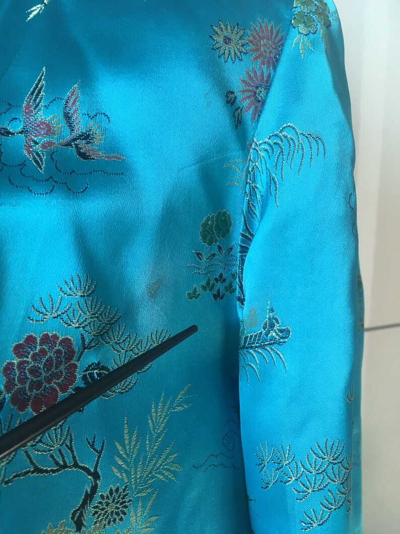 1960s Vintage Chinese Brocade Satin Coat Teal Mandarin Frog Closure NWOT Long Coat Mid Century Duster Cherry Blossoms