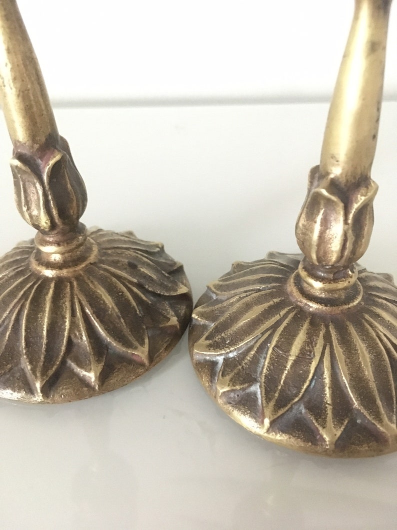1980s Vintage Brass Tulip Candlesticks Made in Korea Botanical Boho Decor Candle Holders Art Nouveau Revival
