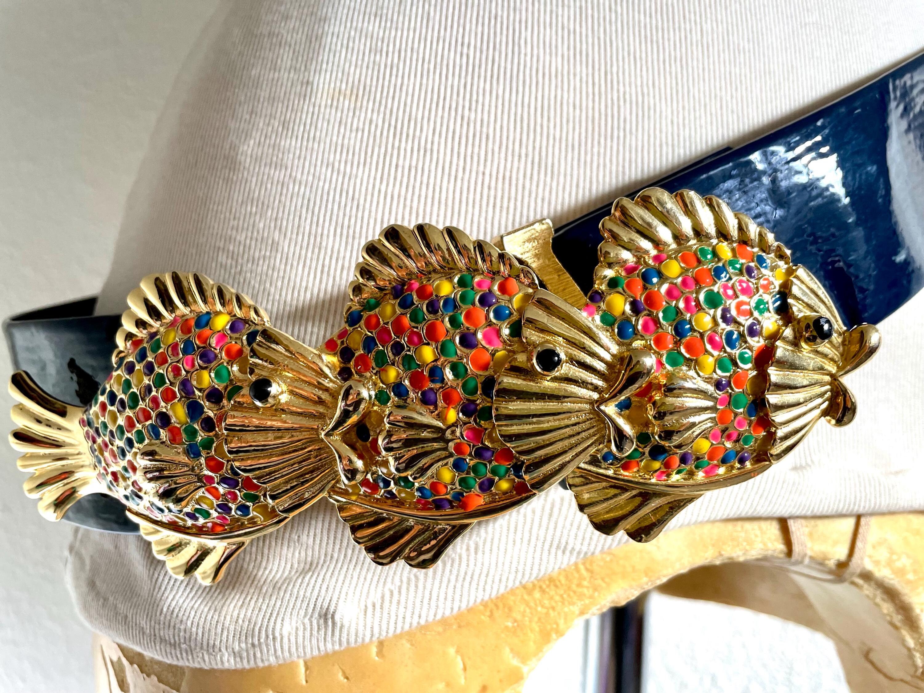 Vintage Mimi Di N Rainbow Fish Belt: Goldtone Buckle, Navy  display picture 1