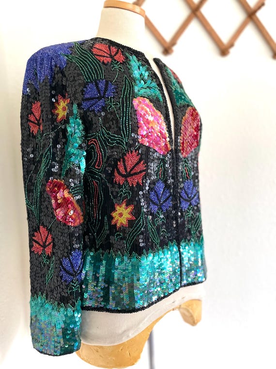 Vintage Scala Beaded Sequin Jacket: Black Silk Fl… - image 6