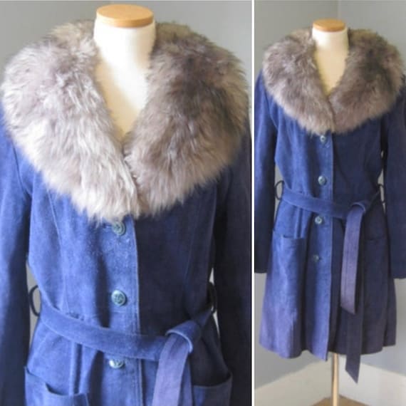 1970s Vintage Royal Blue Suede and Grey Shearling… - image 1