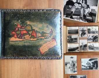 1950s Vintage Buenos Aires Leather Photo Album with Black and White Photos / Travel Photography / Navy / Skiing / Horses / Voyage