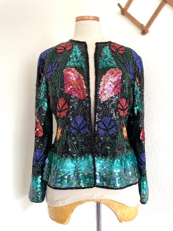 Vintage Scala Beaded Sequin Jacket: Black Silk Fl… - image 5