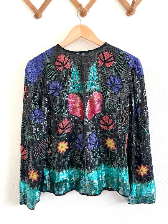 Vintage Scala Beaded Sequin Jacket: Black Silk Fl… - image 2