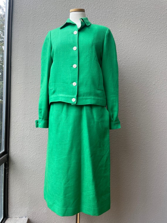 Mid Century Vintage Green Cotton Linen Skirt and … - image 3