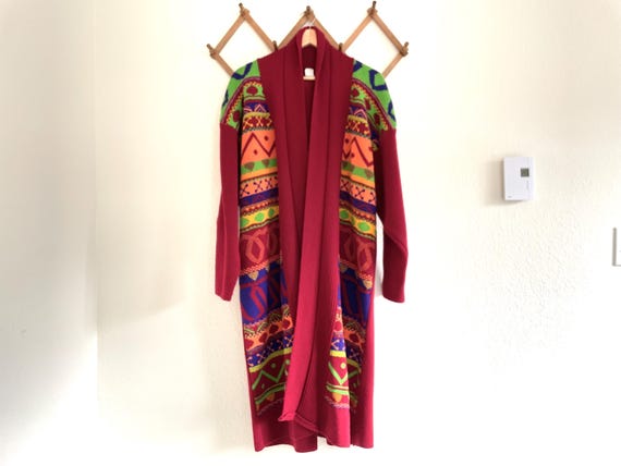 Vintage Southwestern Knit Sweater Coat: Red Acrylic Maxi Cardigan