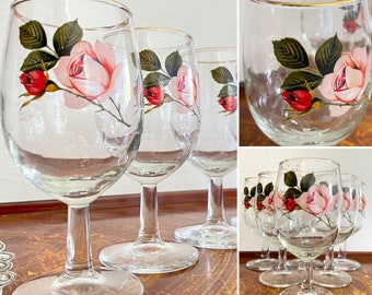 1940s Vintage Rose Transfer Gold Rimmed Cordial Glasses / Sherry Glasses / Set of 6