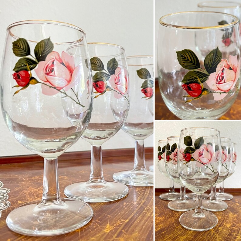 1940s Vintage Rose Transfer Gold Rimmed Cordial Glasses / - Etsy