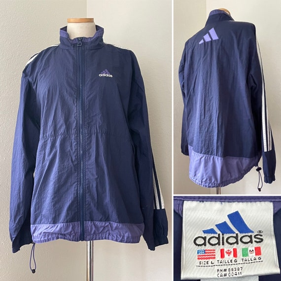 1990s Vintage ADIDAS Blue Nylon Track Jacket / Windbreaker / White