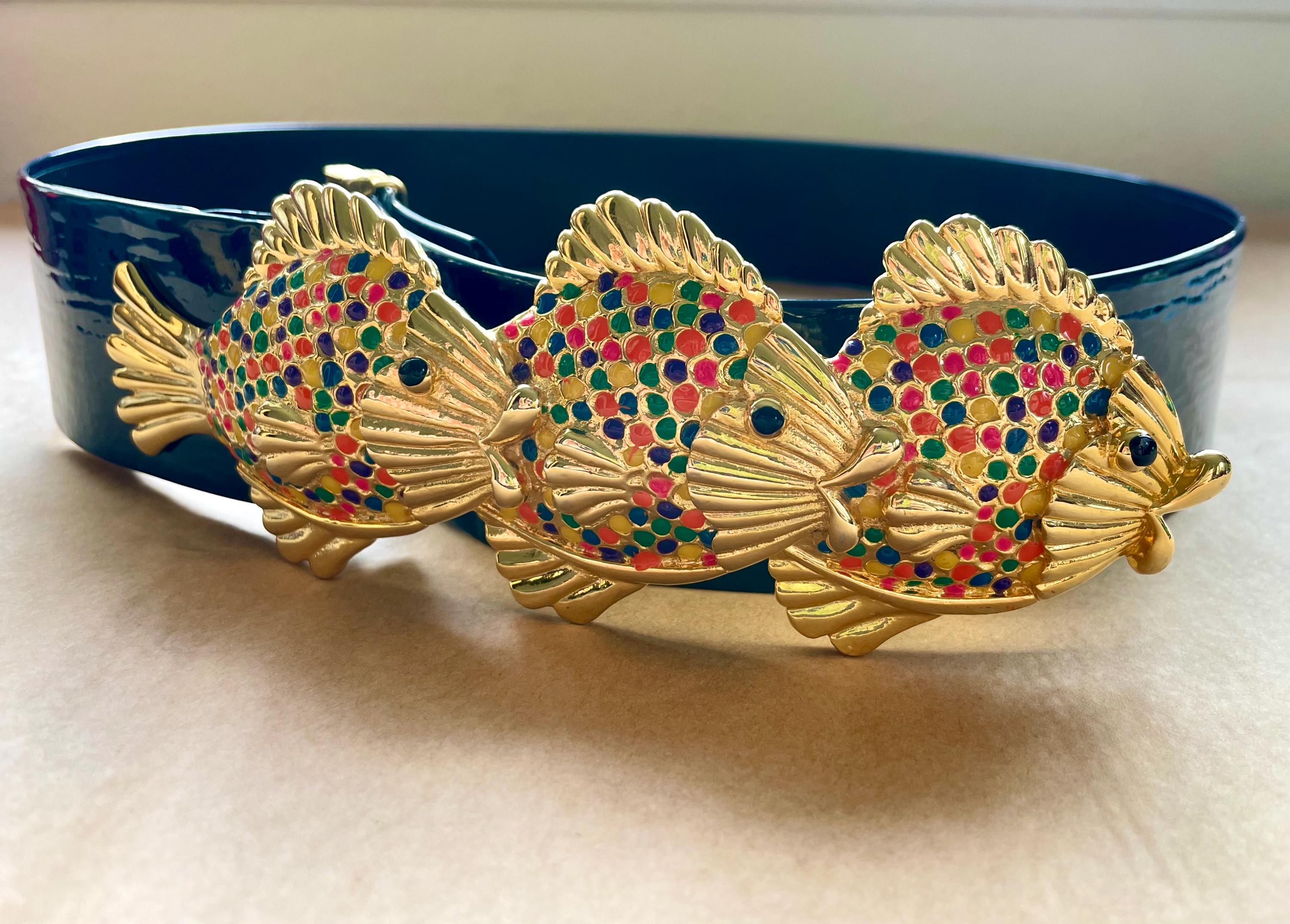 Vintage 1991 Mimi Di N Gold Tone and Rainbow Enamel Triple Fish Belt Buckle HTF Vintage Mimi Di N Rainbow Fish Belt: Goldtone Buckle, Navy  main image 4