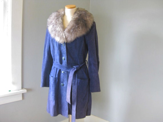 1970s Vintage Royal Blue Suede and Grey Shearling… - image 4