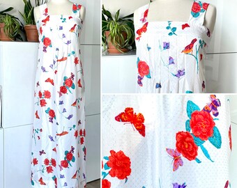 1980s Vintage Floral Maxi Dress / Handmade / Silky Soft / White with Red and Turquoise Flowers and Butterflies