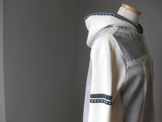 1970s Vintage Hooded Knit and Suede Cardigan Jumpe