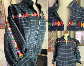 1990 GUATEMALAN Handmade Drop Waist Indigo Cotton Denim Embroidered Coat  Jacket