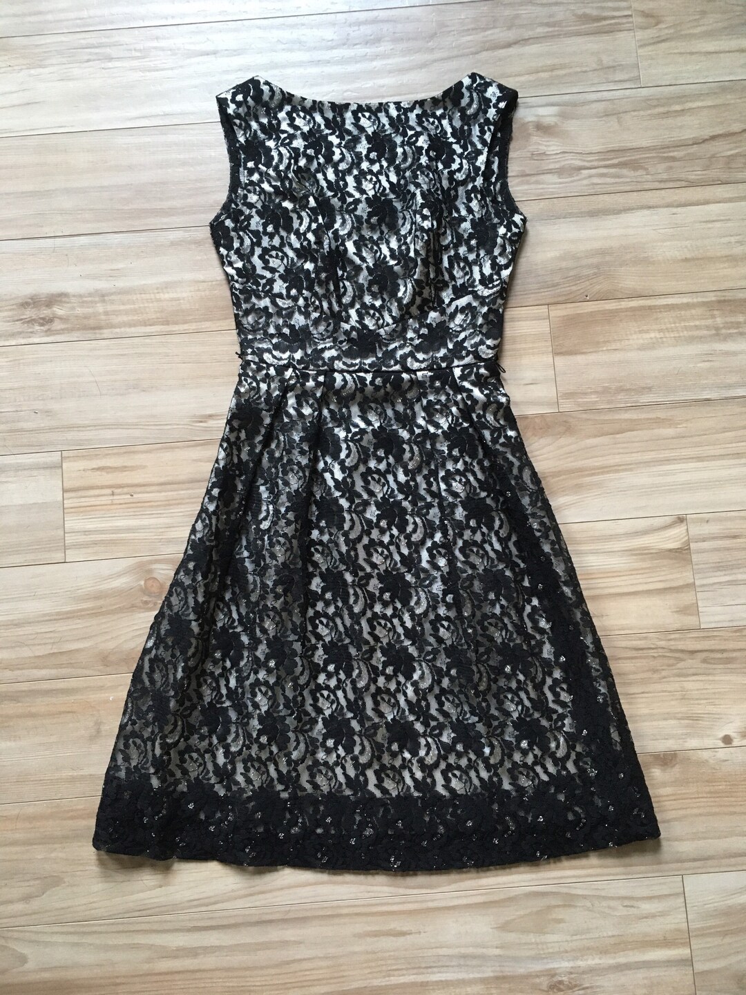 1960s CUSTOM MADE Black Lace over Creamy Silk Sleeveless Sheath Cocktail Dress