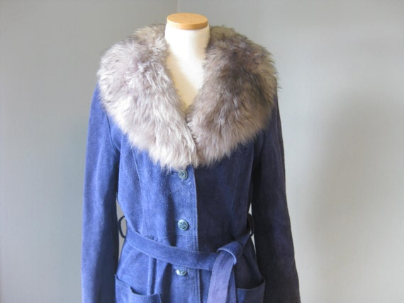 1970s Vintage Royal Blue Suede and Grey Shearling… - image 2