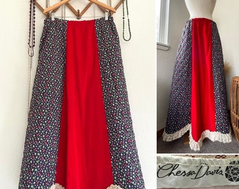 1970s CHESSA DAVIS Quilted Floral Red White and Blue Velvet Maxi Skirt Floral Peasant Skirt Large XL