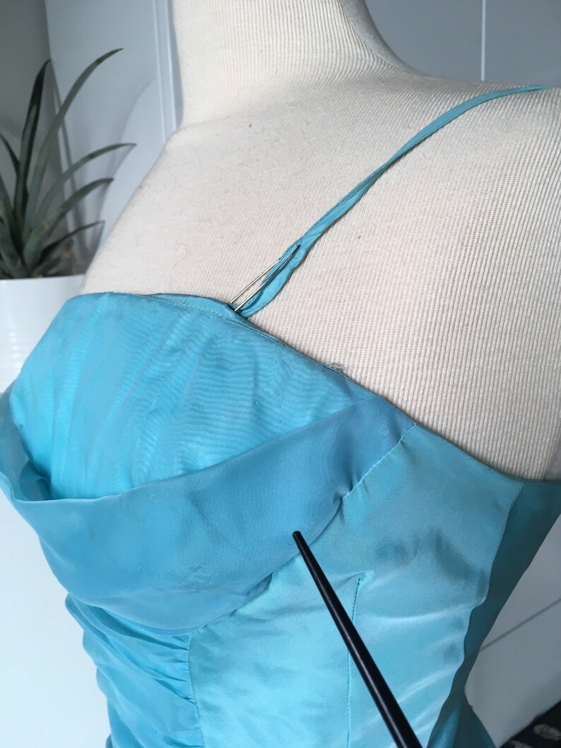 1950s Vintage LORRIE DEB Ball Gown Prom Dress Aqua Spaghetti Straps Princess Crinoline Petticoat