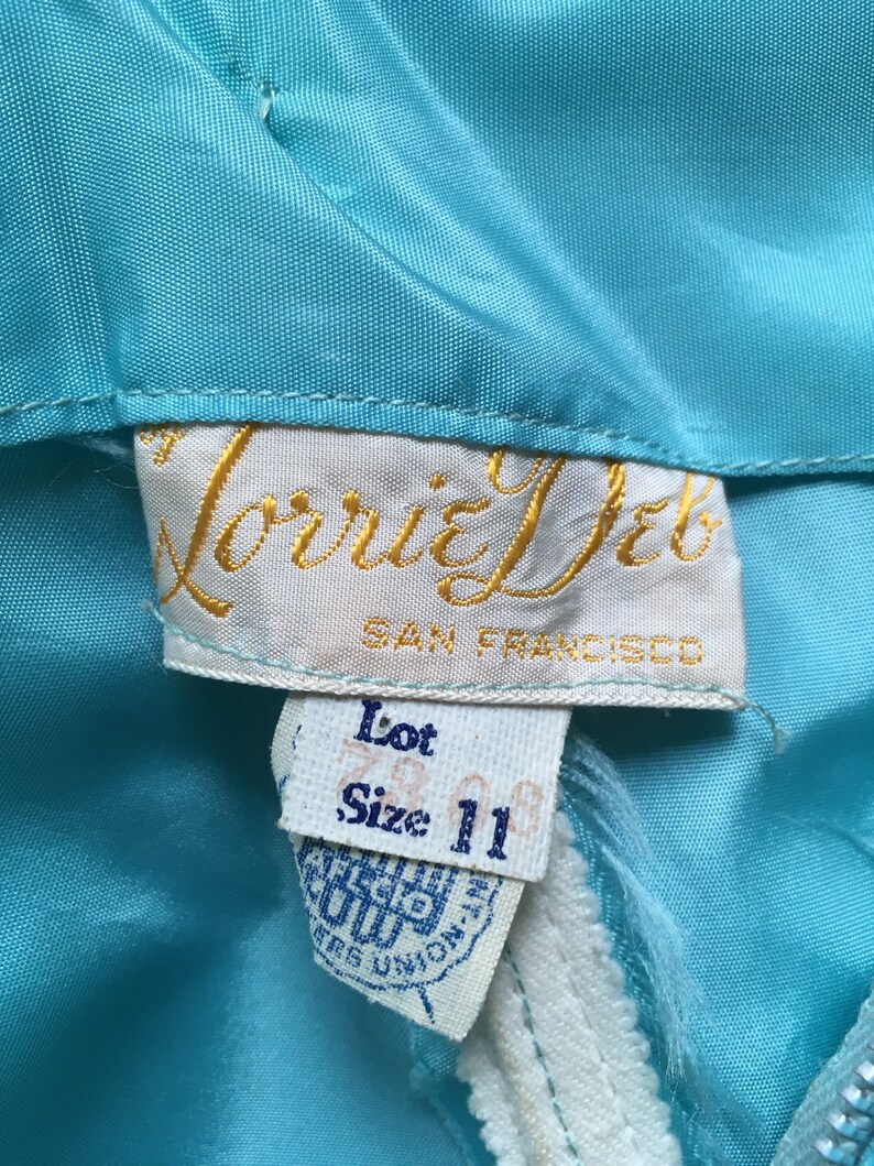 1950s Vintage LORRIE DEB Ball Gown Prom Dress Aqua Spaghetti Straps Princess Crinoline Petticoat