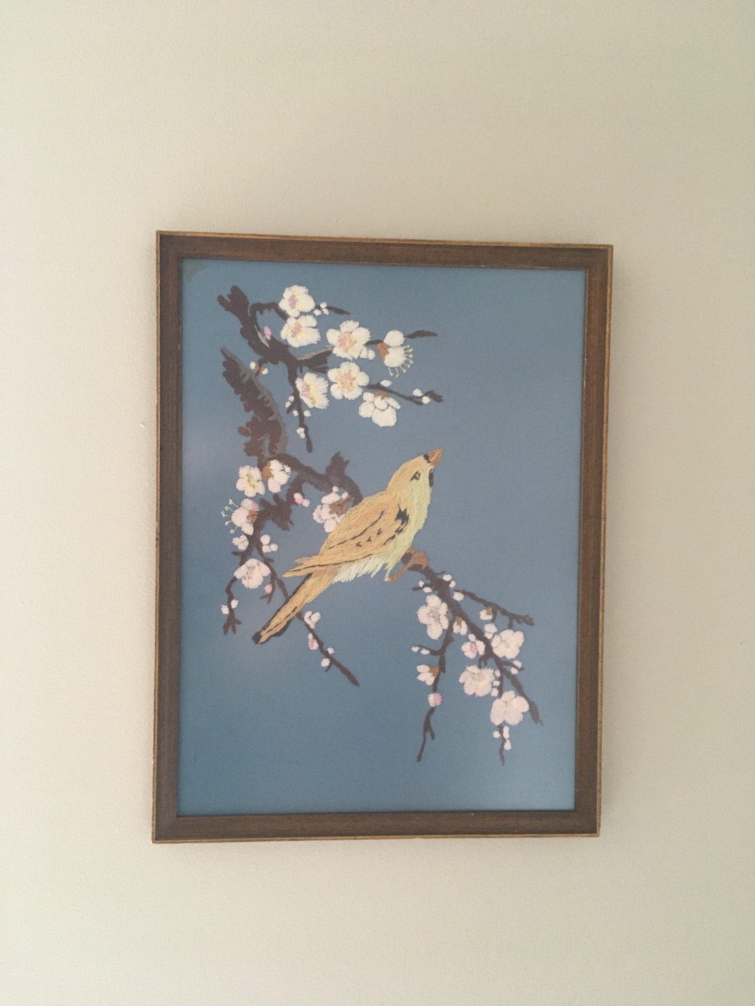 1960年代の刺繍の鳥と桜の額入りテキスタイルアート - Etsy 日本