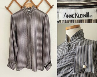 1980s Vintage ANNE KLEIN II Silk Striped Blouse with French Cuffs  size 8