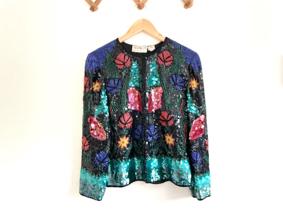 Vintage Scala Beaded Sequin Jacket: Black Silk Fl… - image 1