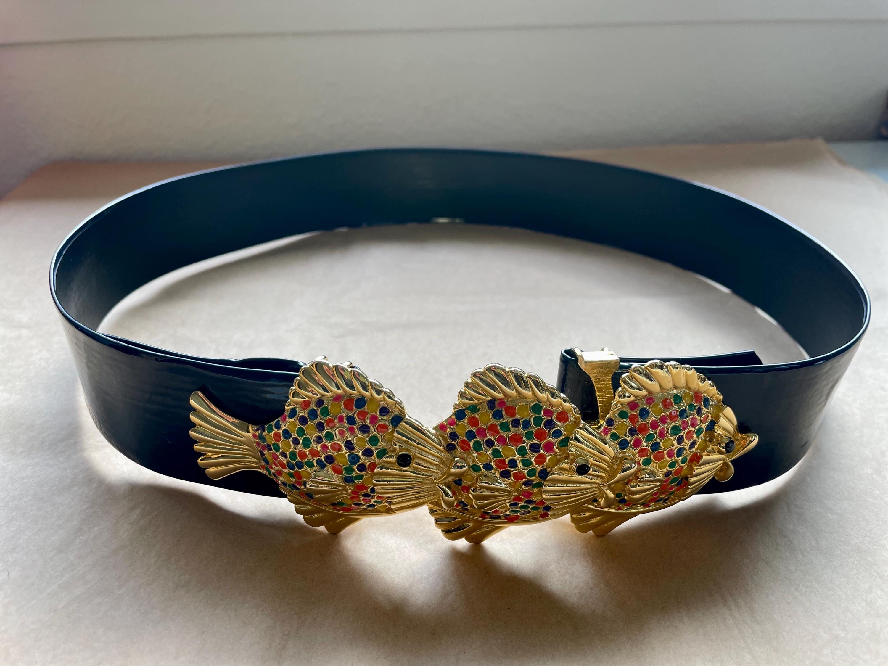 Vintage Mimi Di N Rainbow Fish Belt: Goldtone Buckle, Navy  display picture 2
