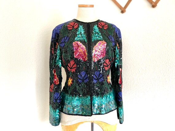 Vintage Scala Beaded Sequin Jacket: Black Silk Fl… - image 10