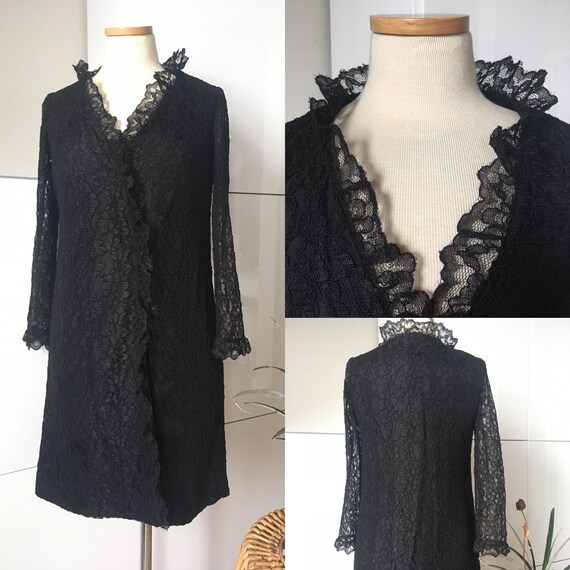 1960s RONNIE FASHIONS Black Lace Wrap Dress / Siz… - image 1