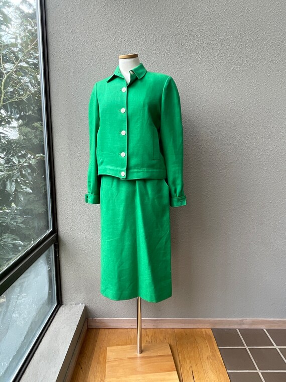 Mid Century Vintage Green Cotton Linen Skirt and … - image 2