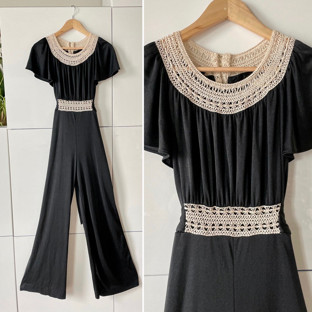 1970s Vintage JC PENNEY Black Jumpsuit With Crochet Detail Pantsuit
