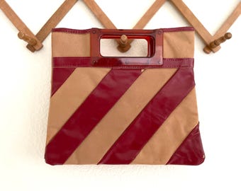 Vintage Striped Handbag Clutch Purse with Bakelite Top Handle Cranberry Red Leather and Light Brown Canvas