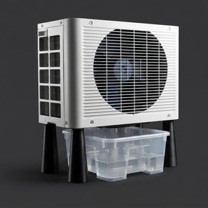 Może przedstawiać: Biała jednostka zewnętrzna klimatyzatora z dużą okrągłą kratką przednią i wentylatorem, wsparta na czterech czarnych stożkowych nóżkach. Przezroczysty prostokątny pojemnik z tworzywa sztucznego znajduje się pod urządzeniem.